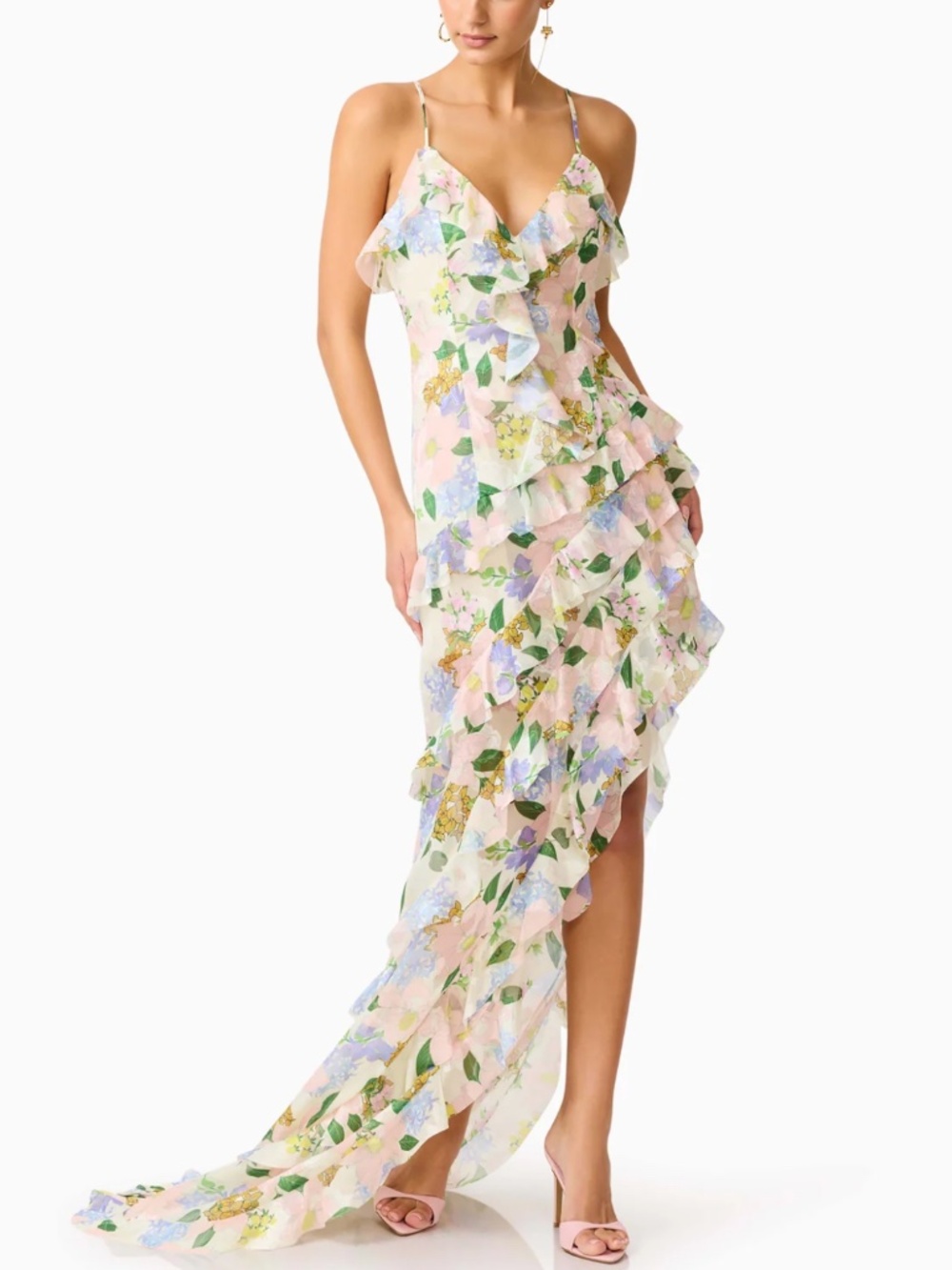 Elliatt - Australia 🇦🇺 L Kyla Asymmetrical Ruffle Gown Organza Straps Floral